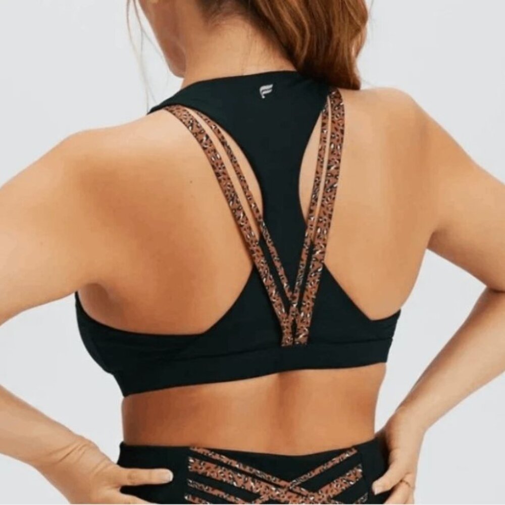Fabletics Black Boost Medium Impact Sports Bra Animal Print Straps Size L/XL